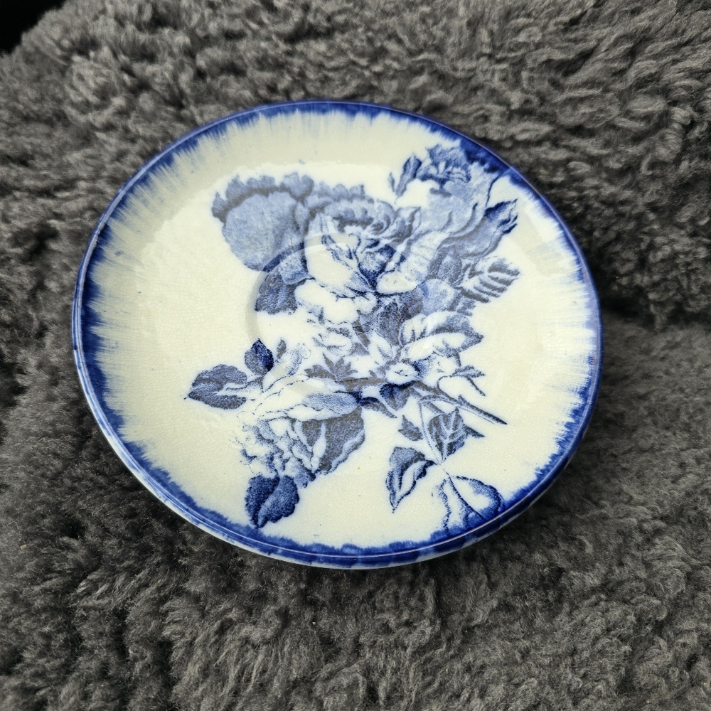 Vintage Victorian Ironstone Staffordshire England Flow Blue Rose 6" Saucer.